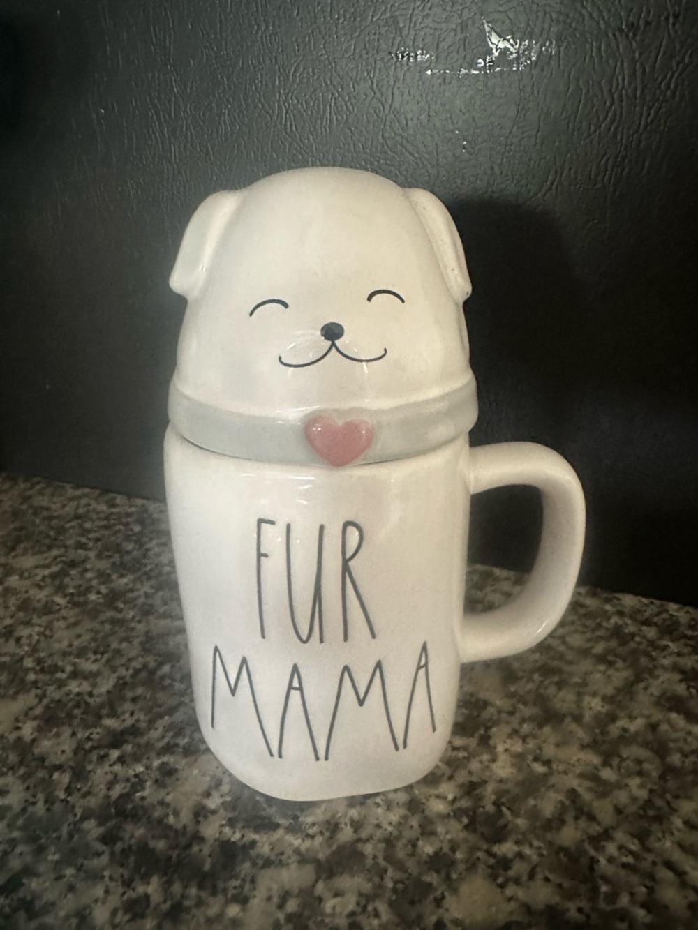 Rae Dunn White Dog Mug with Pink Heart Accent